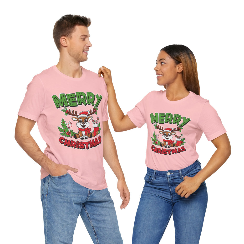 Merry Christmas Reindeer Tee, Festive Holiday Shirt, Unisex Christmas Apparel, Cute Gifts for Him/Her, Holiday Party Outfit