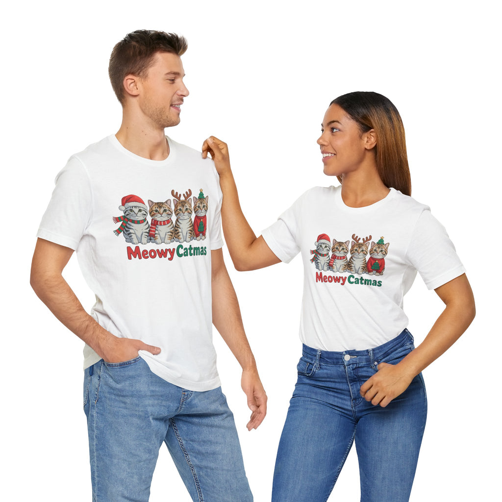 Meowy Catmas Short Sleeve Tee - Festive Cat Christmas T-Shirt