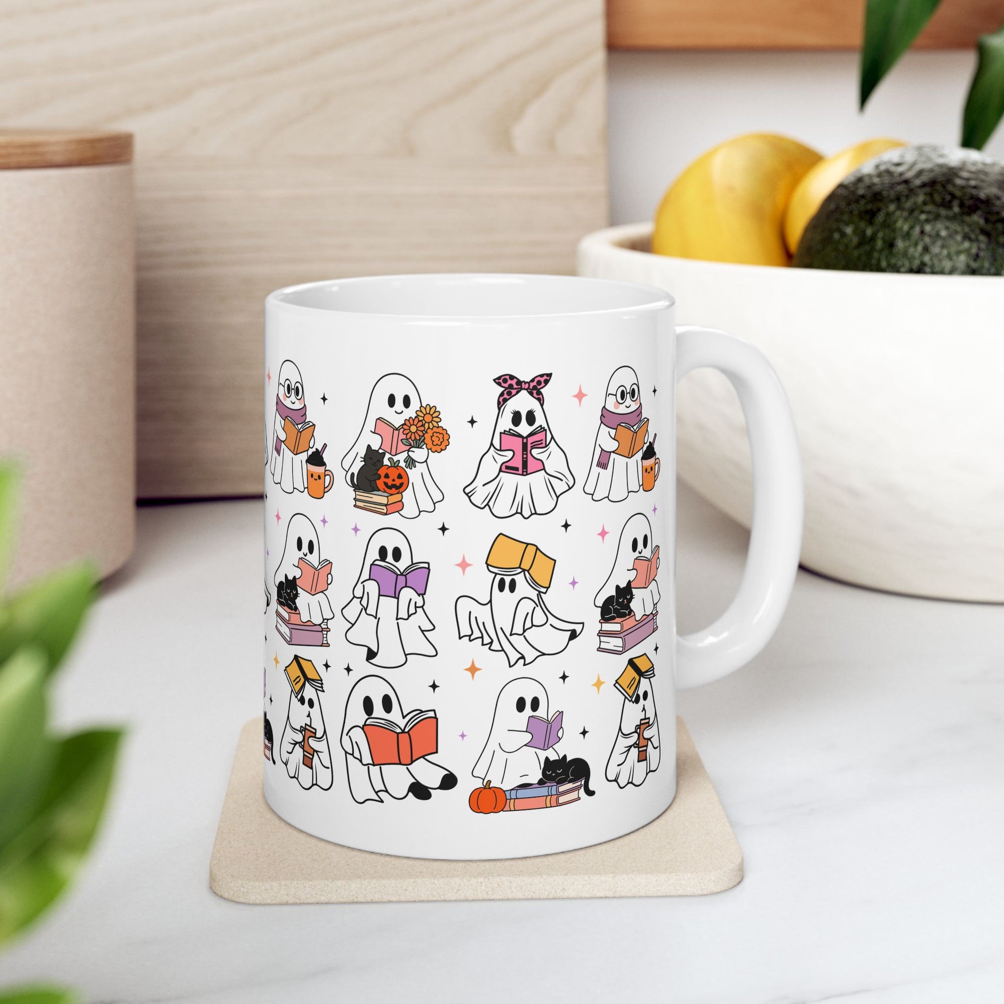 Adorable Ghost-Themed Ceramic Mug for Book Lovers | Halloween Gift, Cozy Home Decor, Cute Coffee Cup, Cat Lover Gift, Reading Mug