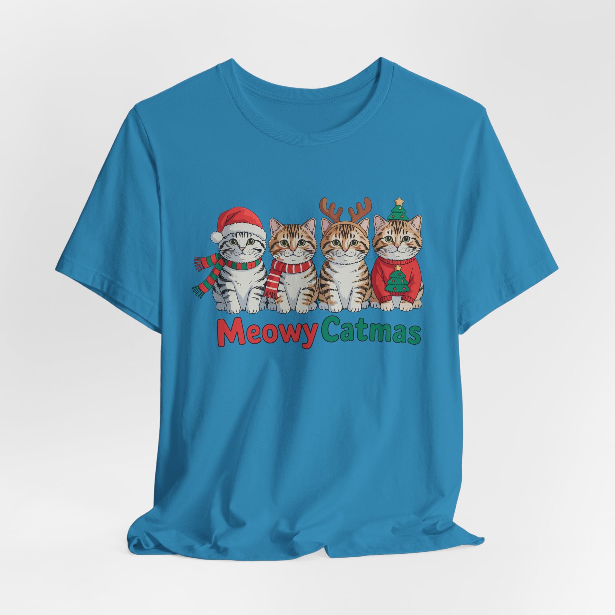 Meowy Catmas Short Sleeve Tee - Festive Cat Christmas T-Shirt