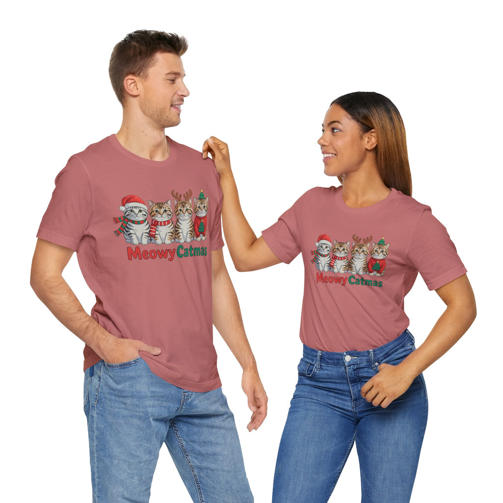 Meowy Catmas Short Sleeve Tee - Festive Cat Christmas T-Shirt