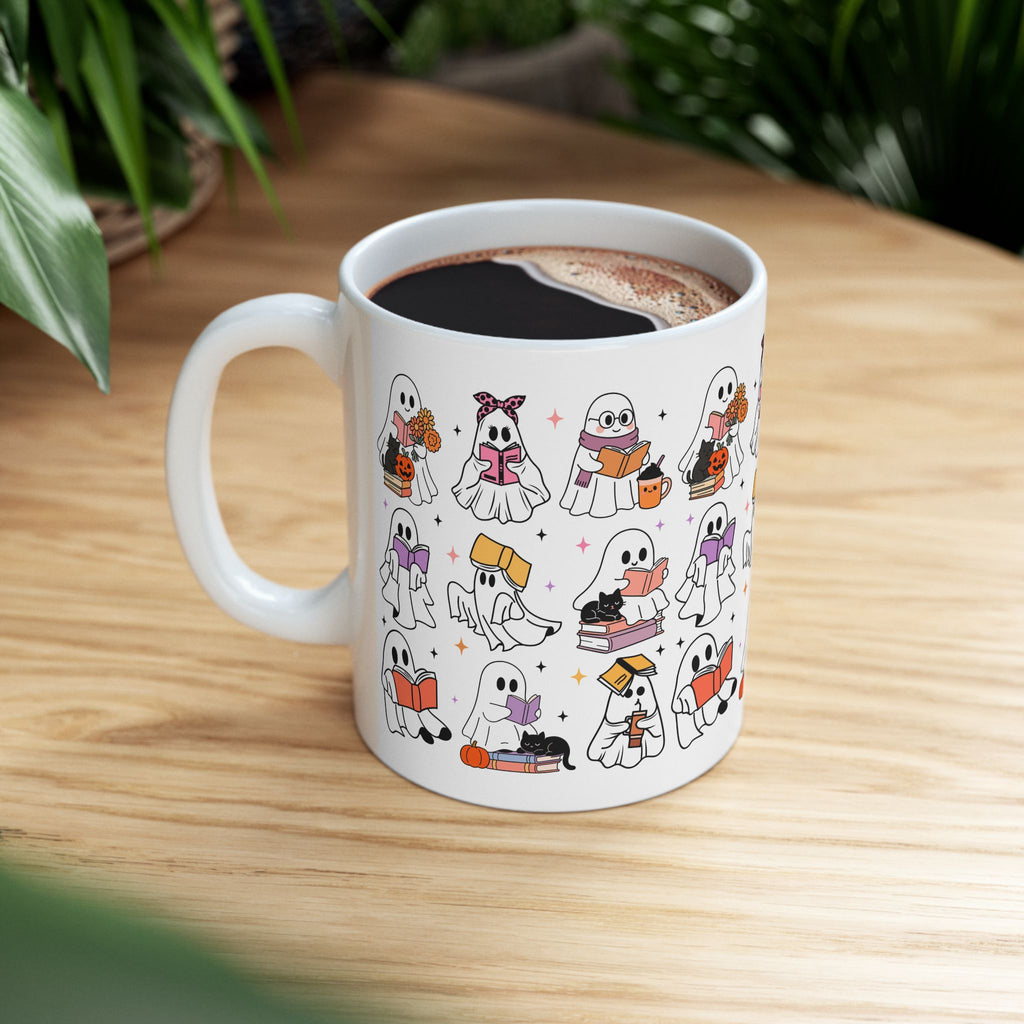 Adorable Ghost-Themed Ceramic Mug for Book Lovers | Halloween Gift, Cozy Home Decor, Cute Coffee Cup, Cat Lover Gift, Reading Mug