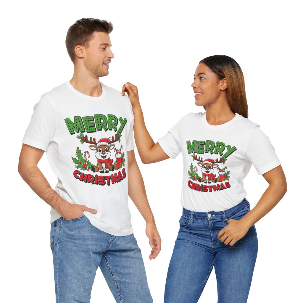 Merry Christmas Reindeer Tee, Festive Holiday Shirt, Unisex Christmas Apparel, Cute Gifts for Him/Her, Holiday Party Outfit