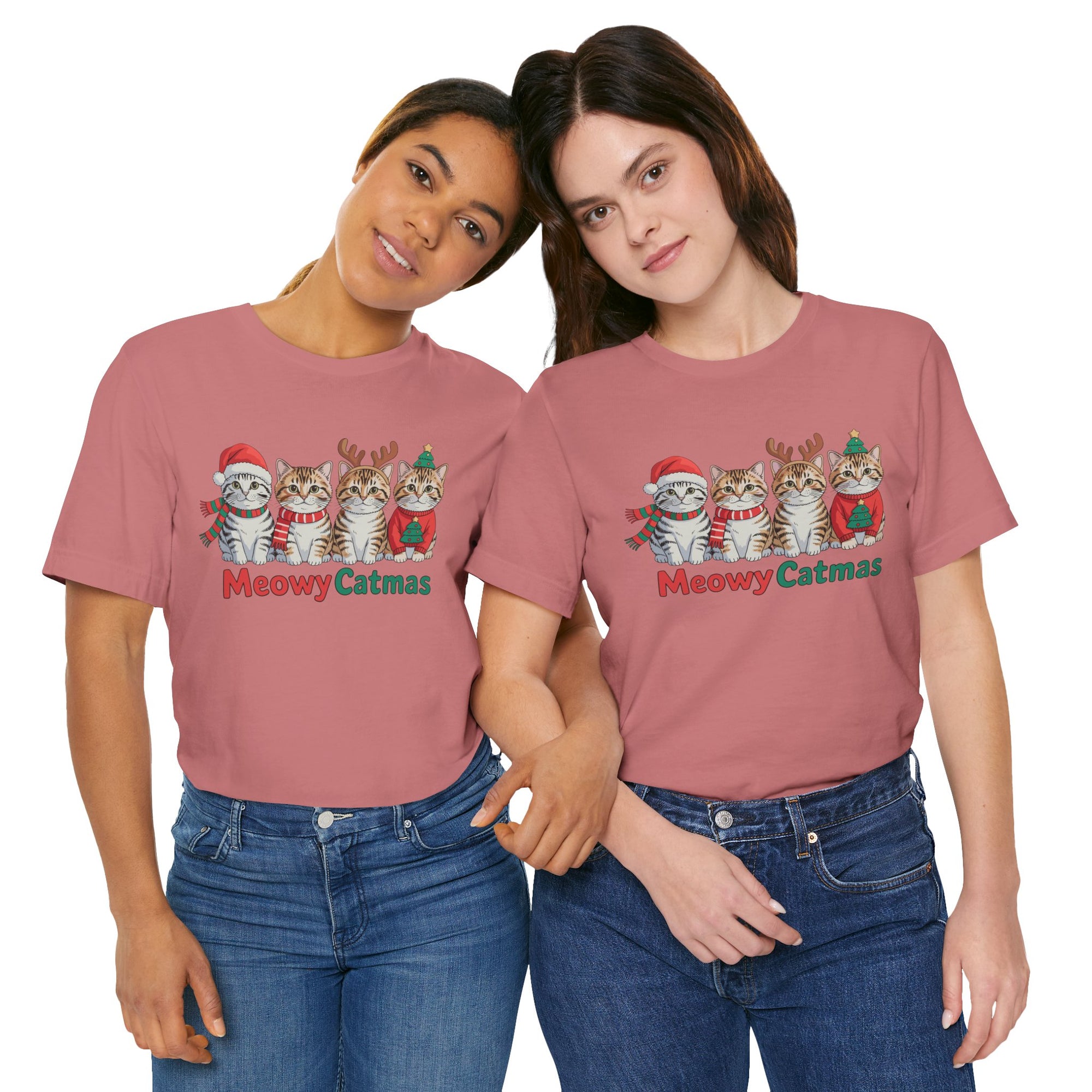 Meowy Catmas Short Sleeve Tee - Festive Cat Christmas T-Shirt
