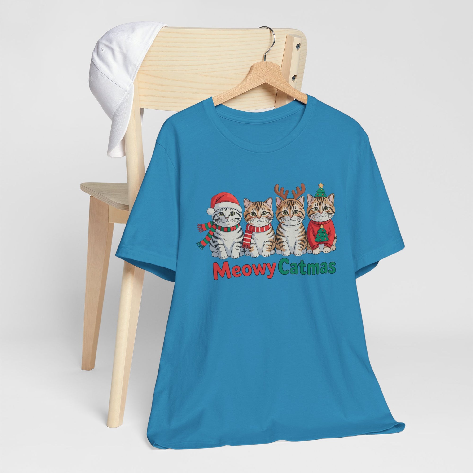 Meowy Catmas Short Sleeve Tee - Festive Cat Christmas T-Shirt