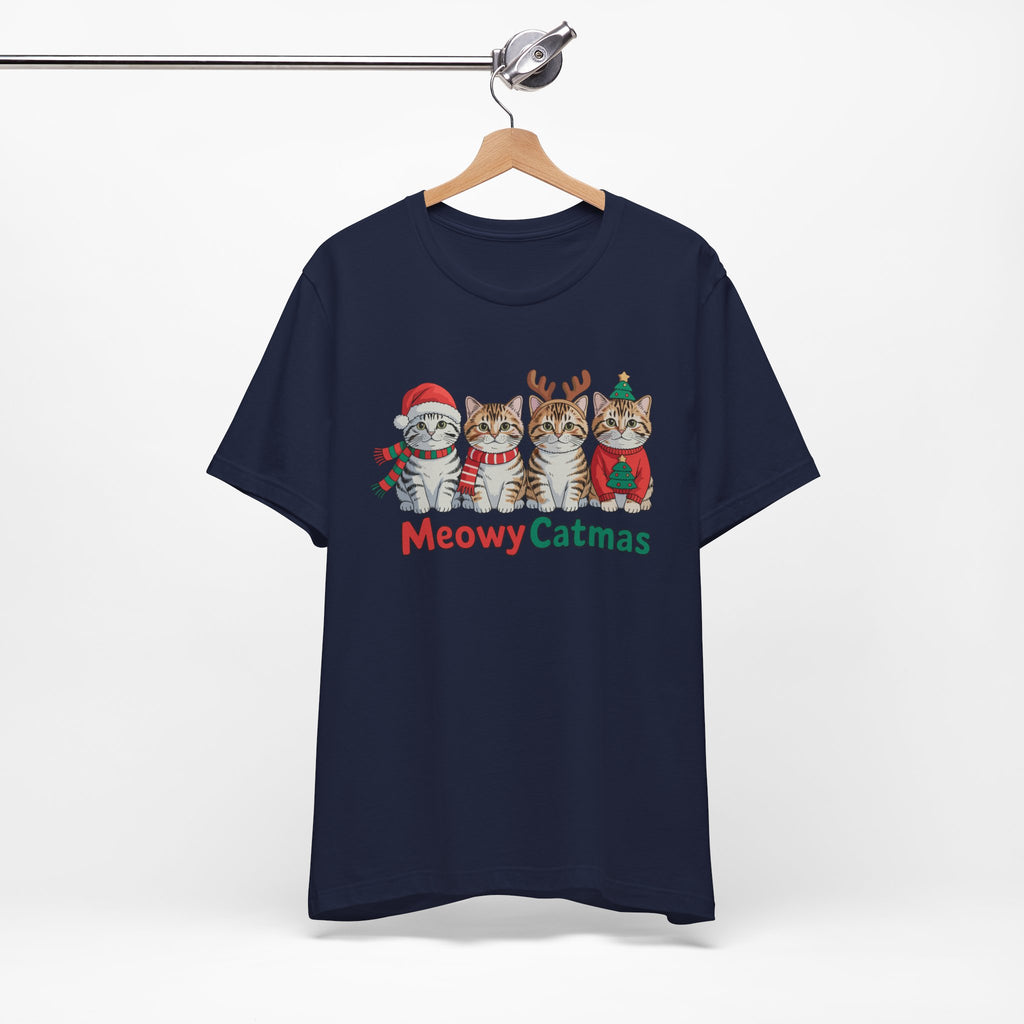 Meowy Catmas Short Sleeve Tee - Festive Cat Christmas T-Shirt