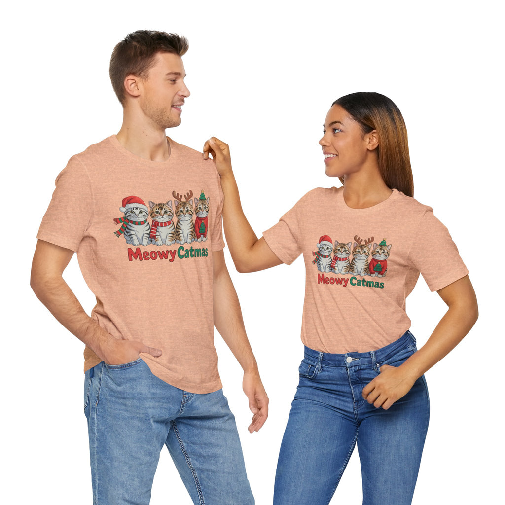 Meowy Catmas Short Sleeve Tee - Festive Cat Christmas T-Shirt
