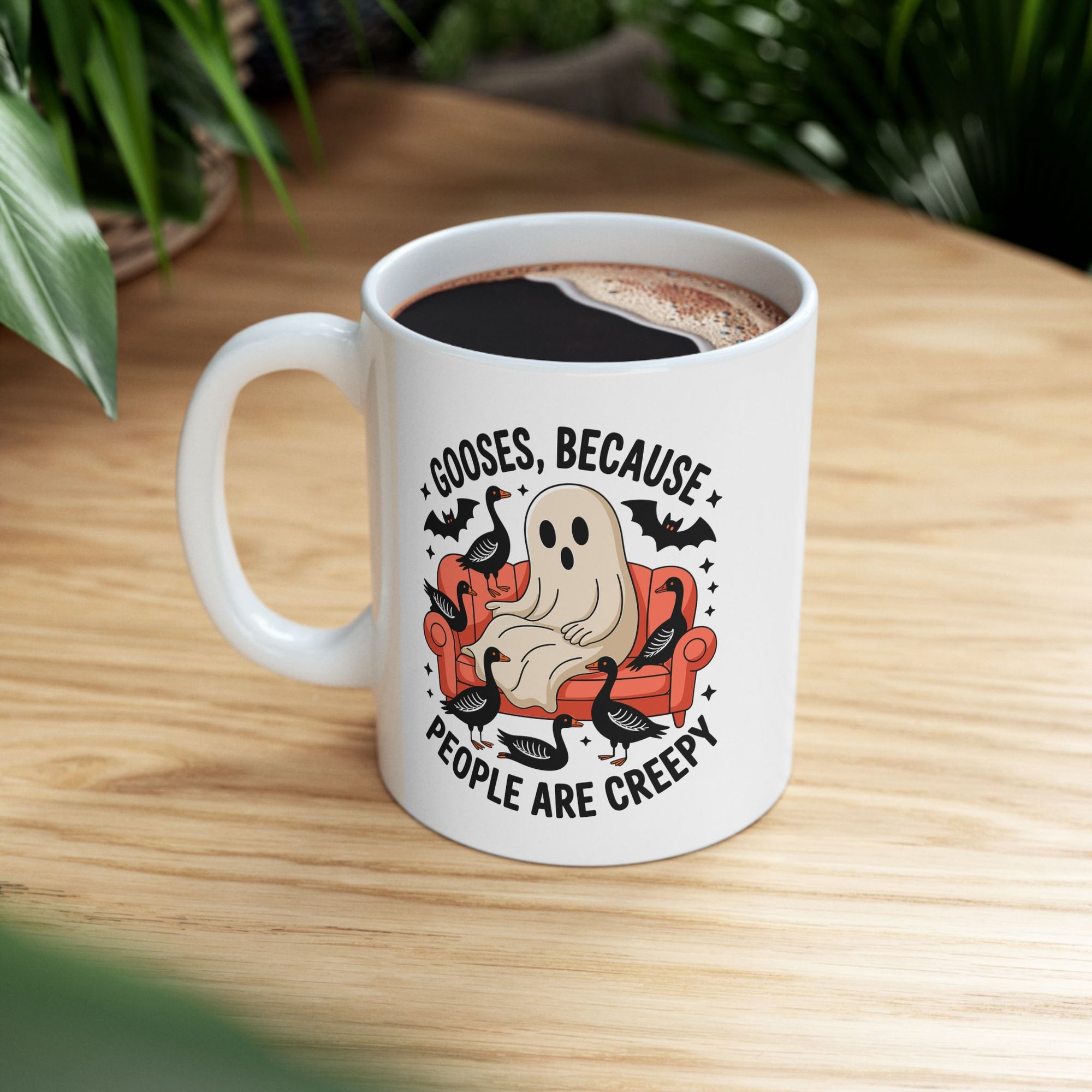 Funny Ghost with Geese Mug – Spooky Cute Halloween Coffee Cup