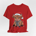 Festive Cow Christmas Tee, Unisex Holiday Shirt, Cute Animal T-Shirt