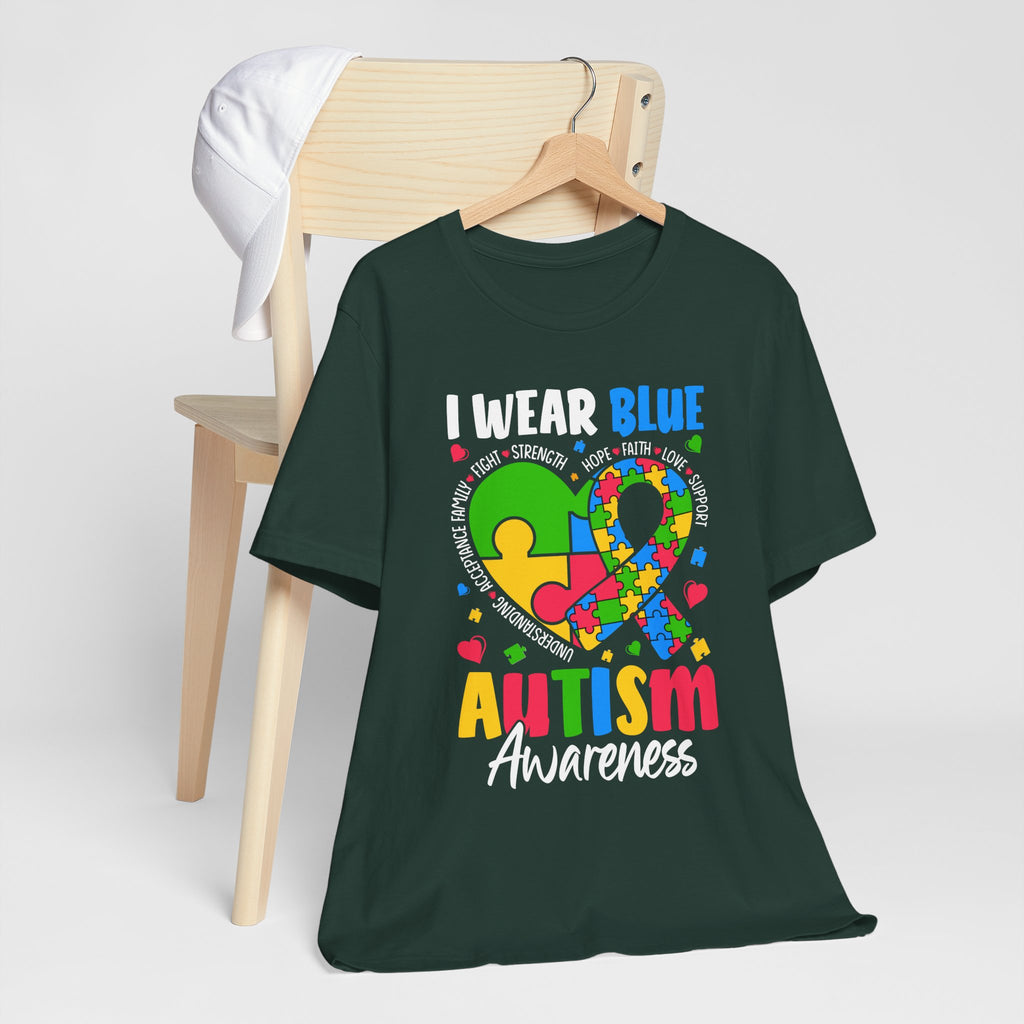 Autism Awareness Unisex Tee | I Wear Blue Puzzle Heart Support Shirt