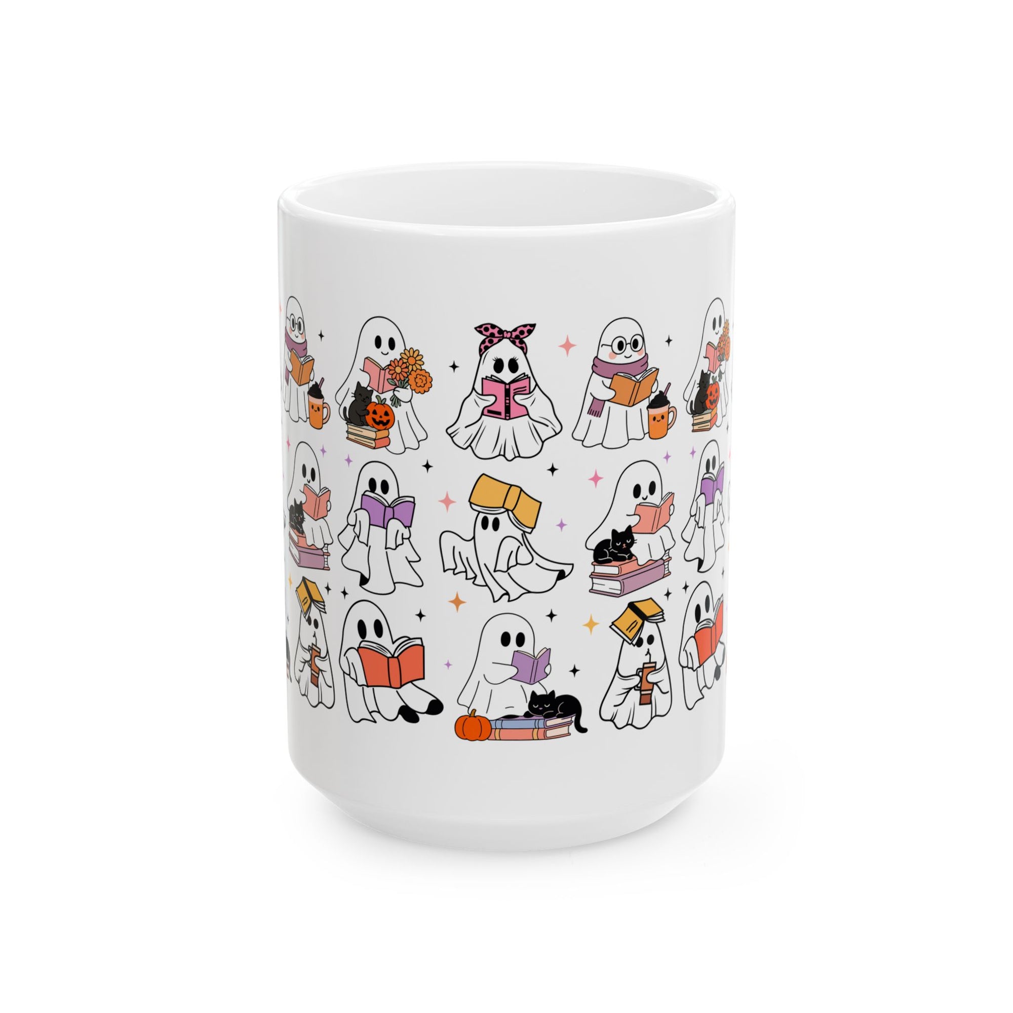 Adorable Ghost-Themed Ceramic Mug for Book Lovers | Halloween Gift, Cozy Home Decor, Cute Coffee Cup, Cat Lover Gift, Reading Mug