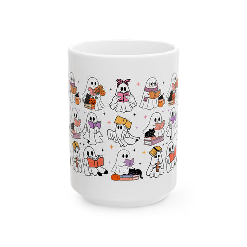 Adorable Ghost-Themed Ceramic Mug for Book Lovers | Halloween Gift, Cozy Home Decor, Cute Coffee Cup, Cat Lover Gift, Reading Mug