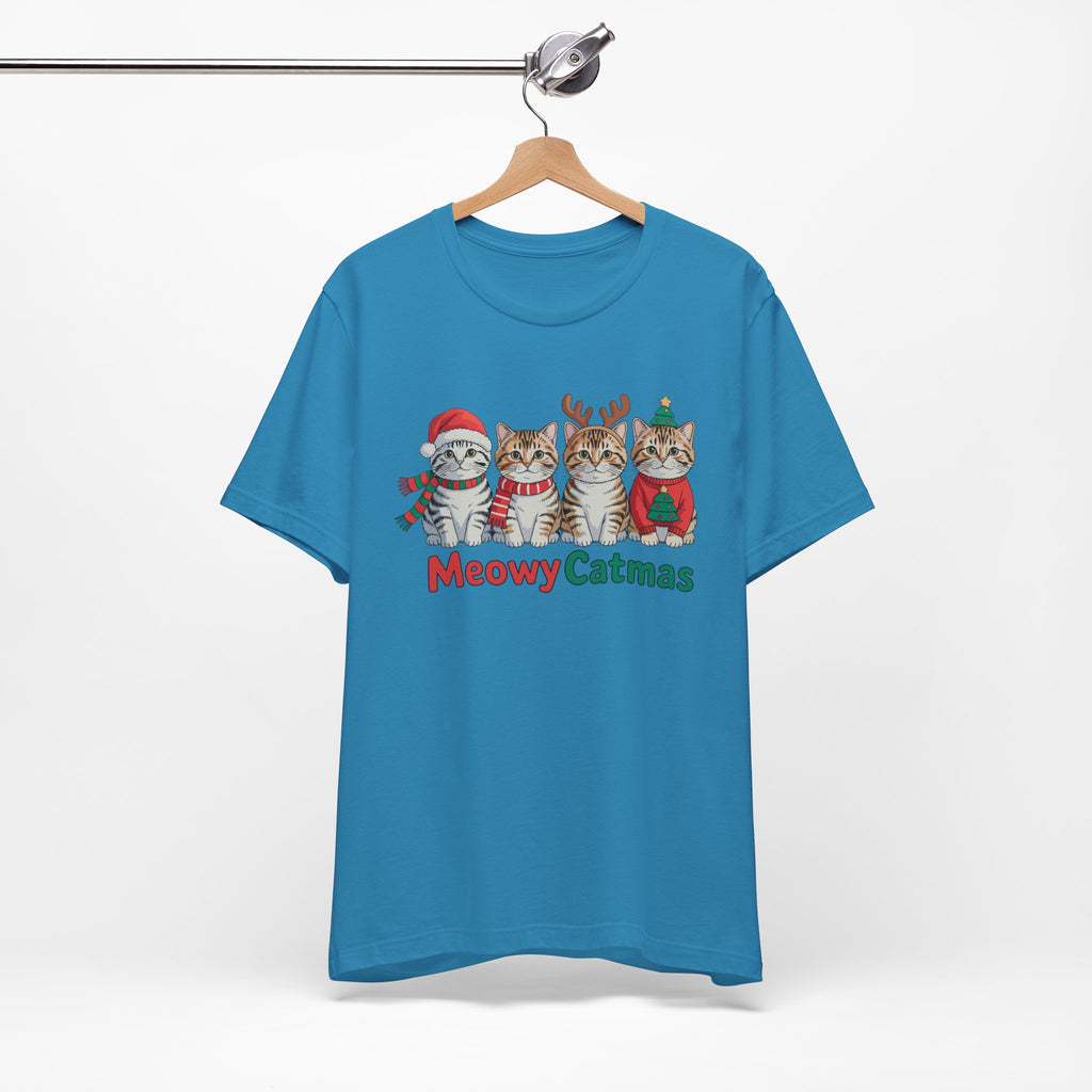 Meowy Catmas Short Sleeve Tee - Festive Cat Christmas T-Shirt