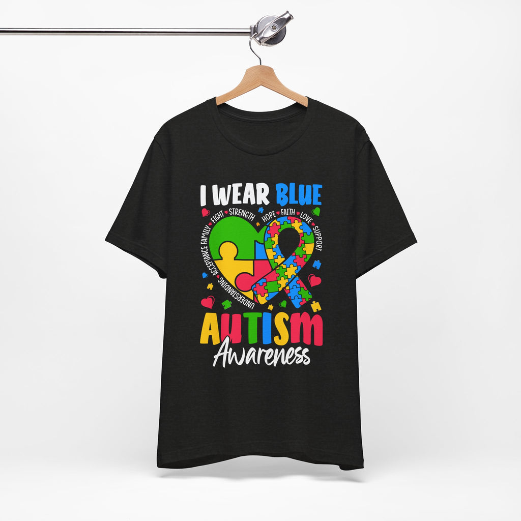 Autism Awareness Unisex Tee | I Wear Blue Puzzle Heart Support Shirt