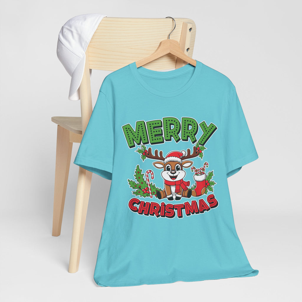 Merry Christmas Reindeer Tee, Festive Holiday Shirt, Unisex Christmas Apparel, Cute Gifts for Him/Her, Holiday Party Outfit