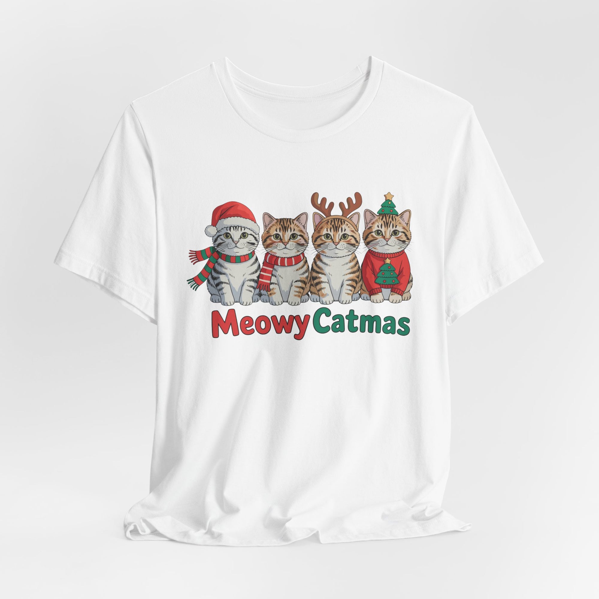 Meowy Catmas Short Sleeve Tee - Festive Cat Christmas T-Shirt