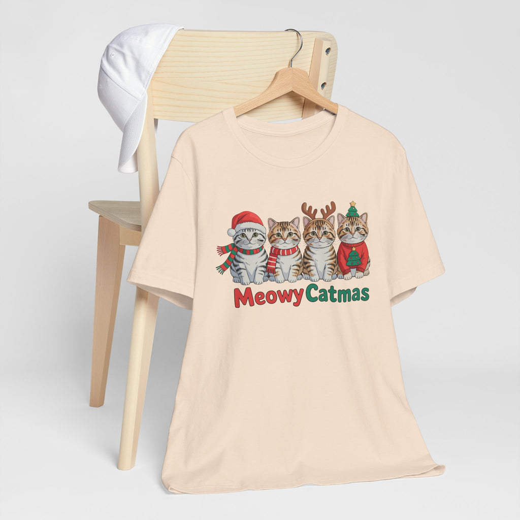 Meowy Catmas Short Sleeve Tee - Festive Cat Christmas T-Shirt