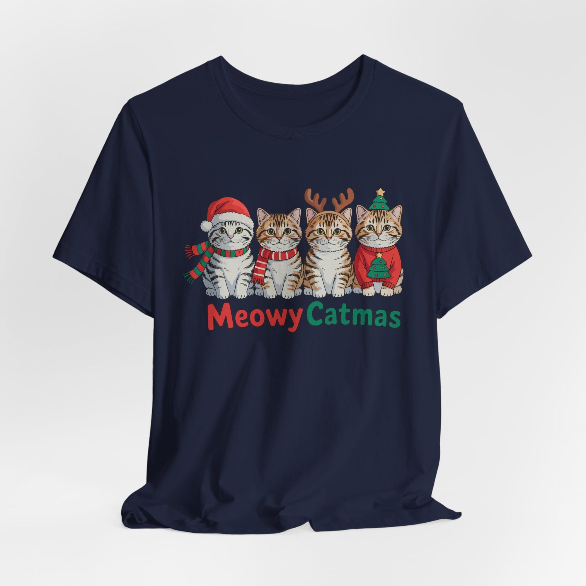 Meowy Catmas Short Sleeve Tee - Festive Cat Christmas T-Shirt