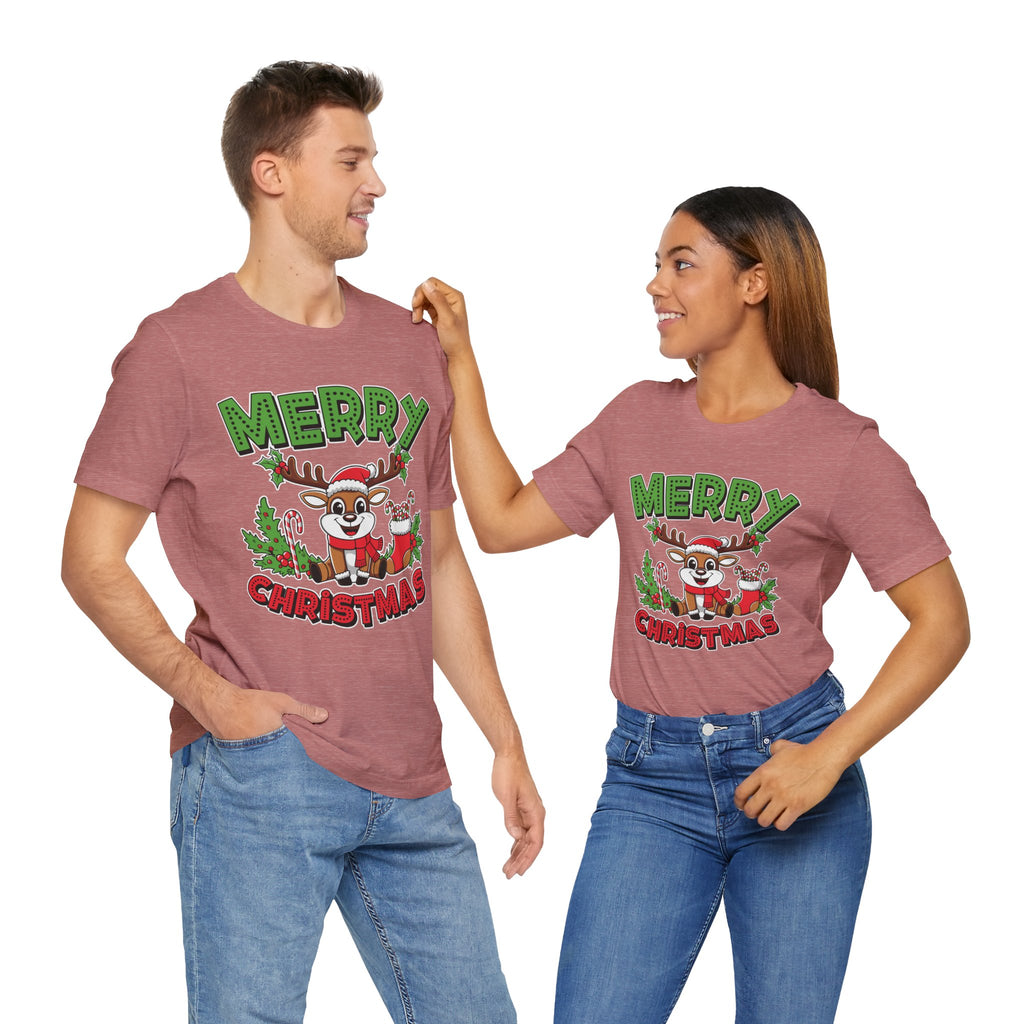 Merry Christmas Reindeer Tee, Festive Holiday Shirt, Unisex Christmas Apparel, Cute Gifts for Him/Her, Holiday Party Outfit