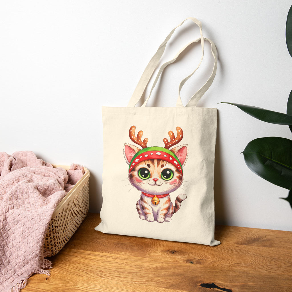 Festive Cat Tote Bag – Cute Christmas Reusable Holiday Canvas