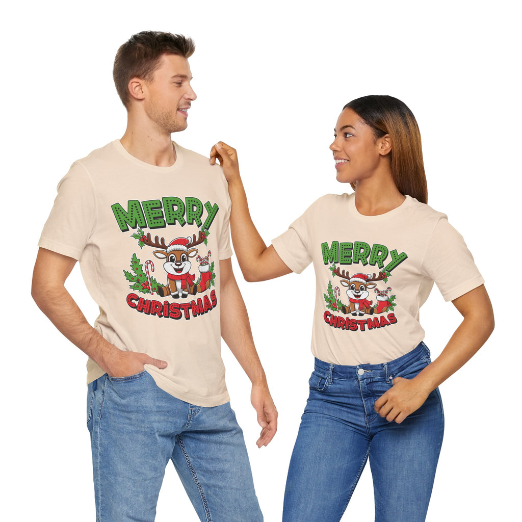 Merry Christmas Reindeer Tee, Festive Holiday Shirt, Unisex Christmas Apparel, Cute Gifts for Him/Her, Holiday Party Outfit