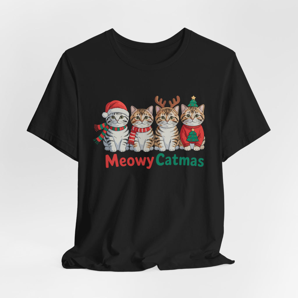 Meowy Catmas Short Sleeve Tee - Festive Cat Christmas T-Shirt