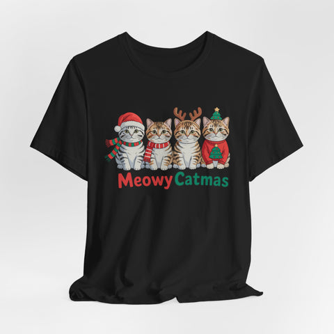 Meowy Catmas Short Sleeve Tee - Festive Cat Christmas T-Shirt