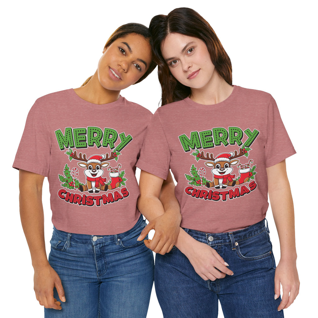 Merry Christmas Reindeer Tee, Festive Holiday Shirt, Unisex Christmas Apparel, Cute Gifts for Him/Her, Holiday Party Outfit