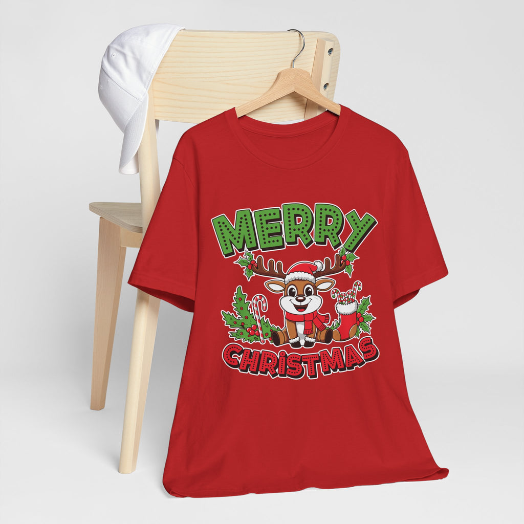 Merry Christmas Reindeer Tee, Festive Holiday Shirt, Unisex Christmas Apparel, Cute Gifts for Him/Her, Holiday Party Outfit