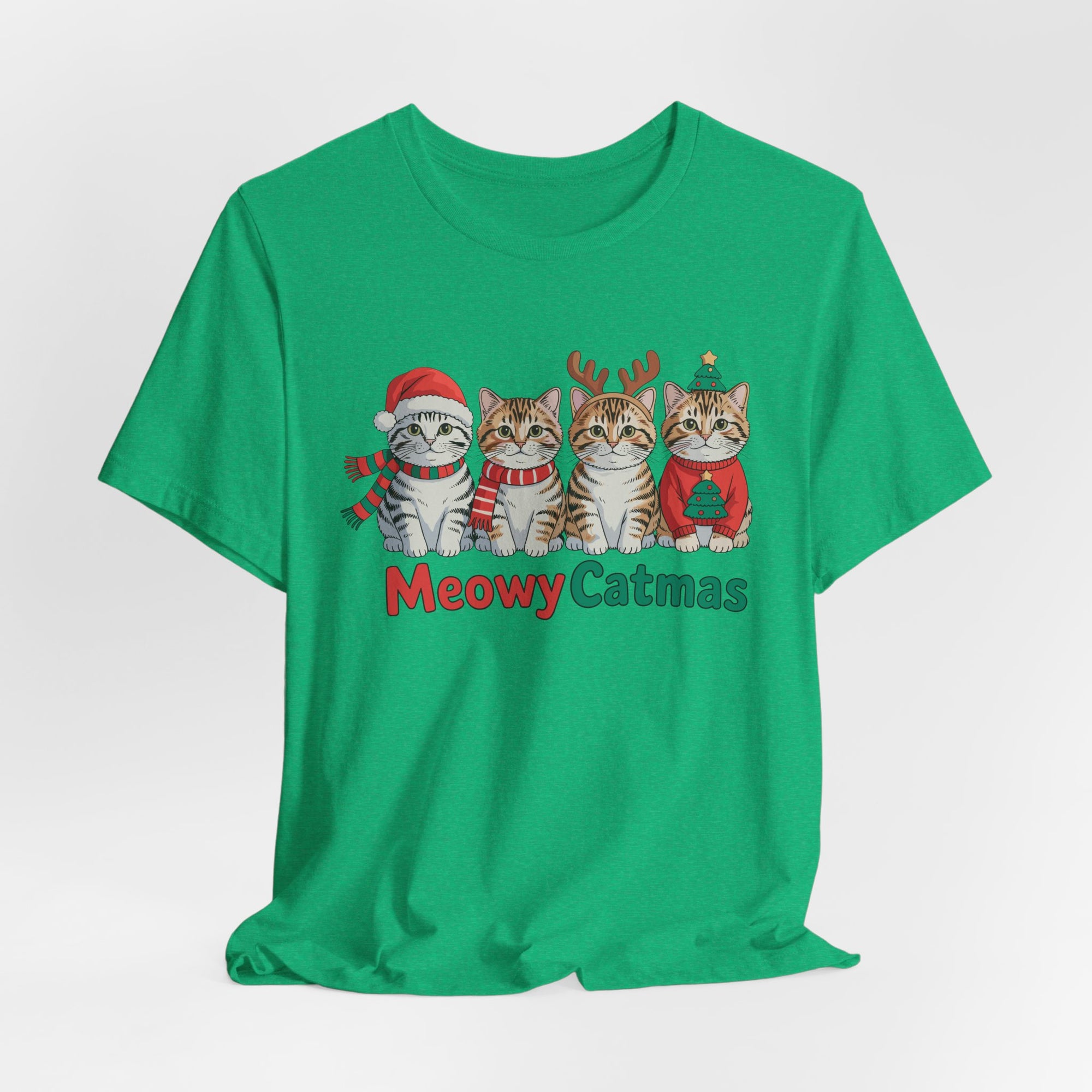 Meowy Catmas Short Sleeve Tee - Festive Cat Christmas T-Shirt