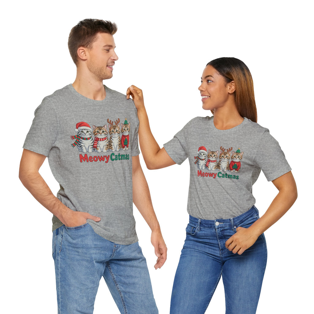Meowy Catmas Short Sleeve Tee - Festive Cat Christmas T-Shirt