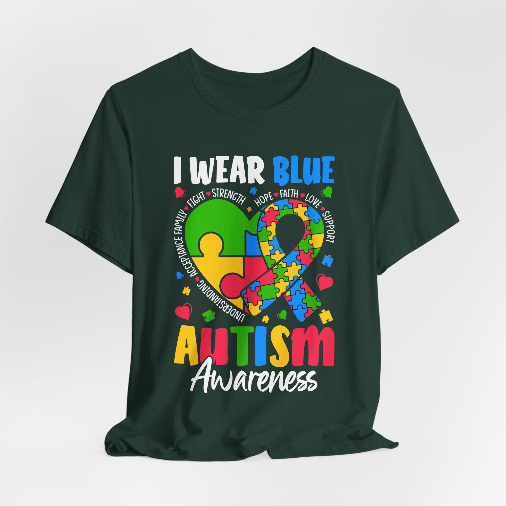 Autism Awareness Unisex Tee | I Wear Blue Puzzle Heart Support Shirt