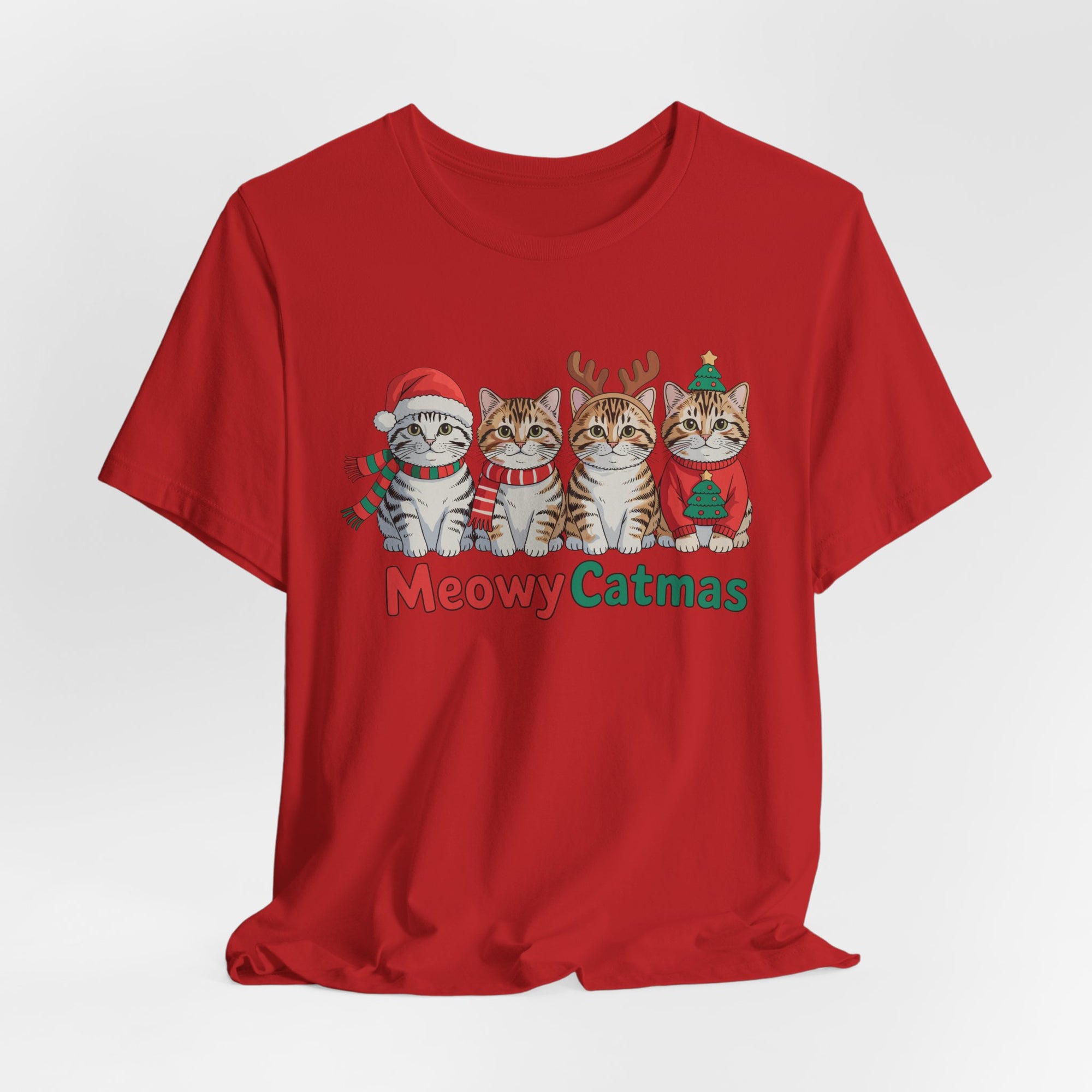 Meowy Catmas Short Sleeve Tee - Festive Cat Christmas T-Shirt