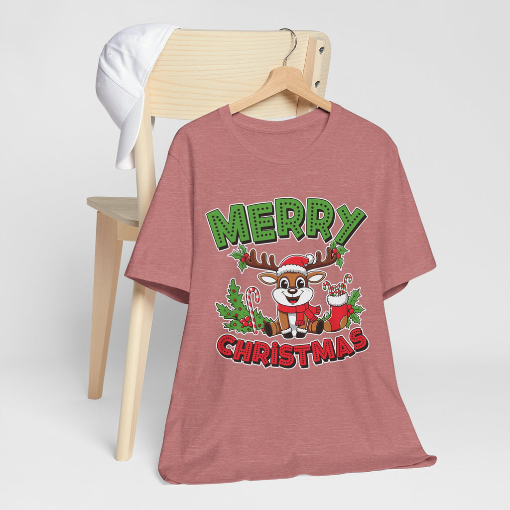 Merry Christmas Reindeer Tee, Festive Holiday Shirt, Unisex Christmas Apparel, Cute Gifts for Him/Her, Holiday Party Outfit