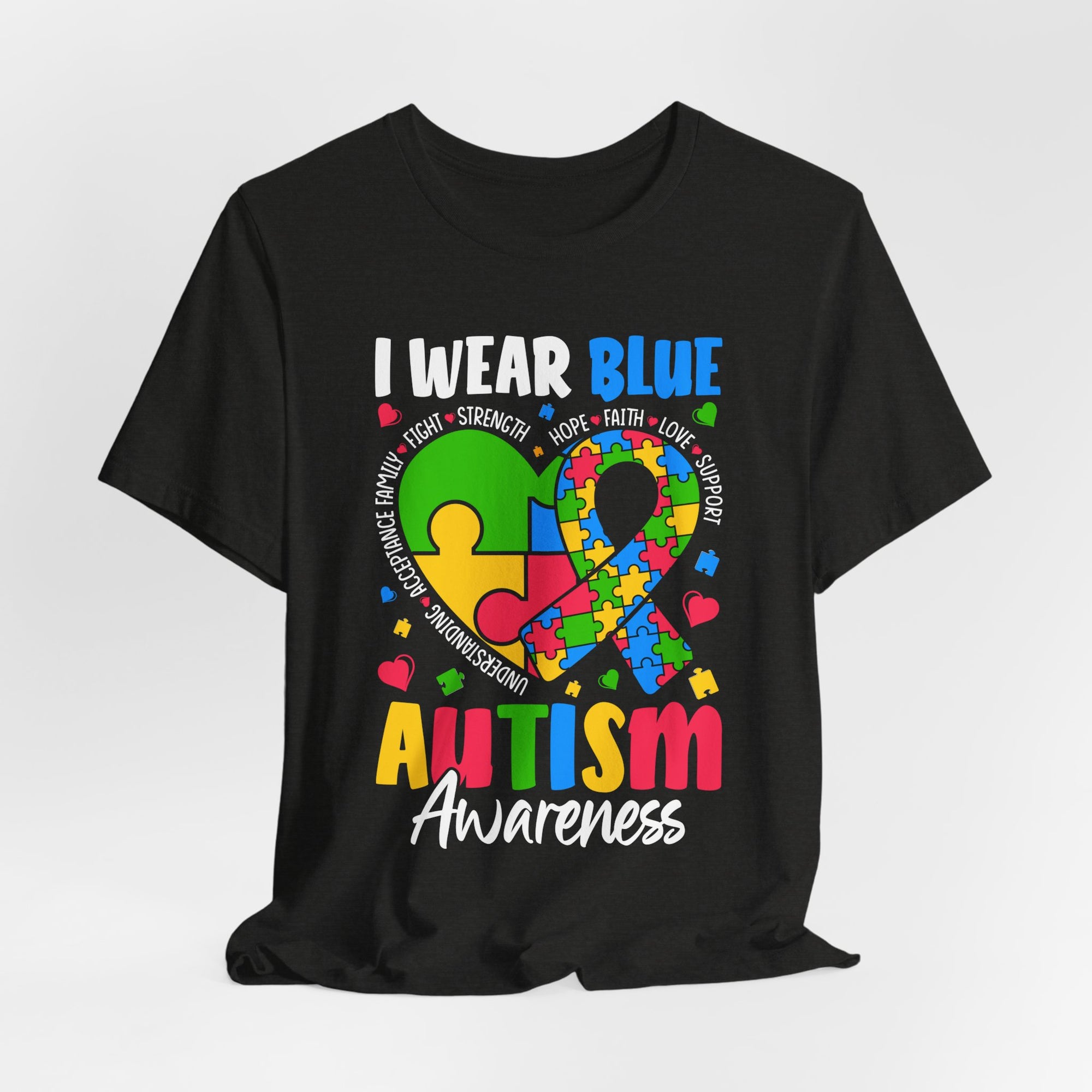 Autism Awareness Unisex Tee | I Wear Blue Puzzle Heart Support Shirt