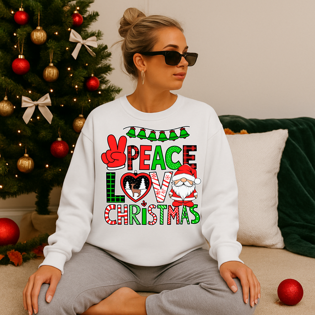 Christmas Peace Love Sweatshirt, Cozy Holiday Crewneck, Unisex Christmas Pullover Gift