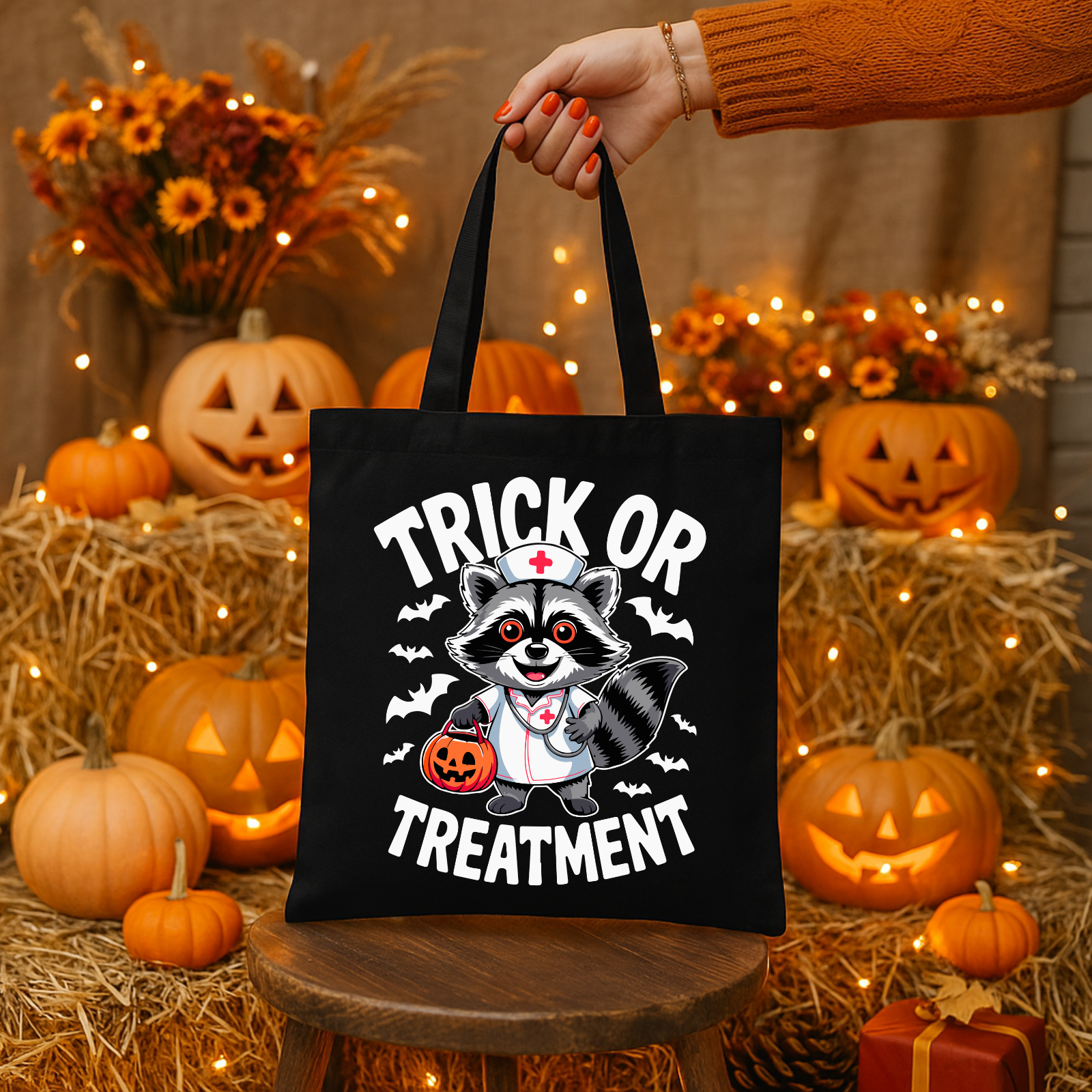 Halloween Tote Bag with Trick or Treatment Raccoon
