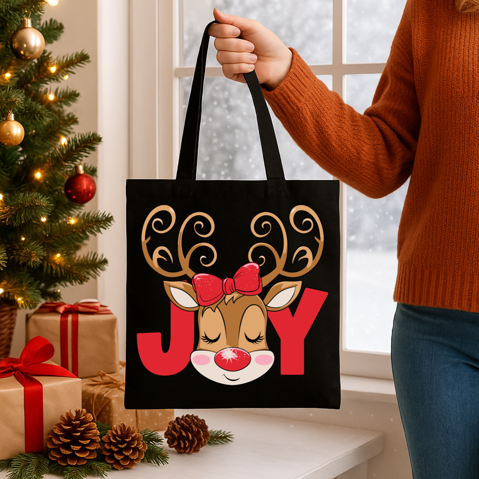 Joyful Reindeer Holiday Tote Bag – Festive Reusable Christmas Shopper
