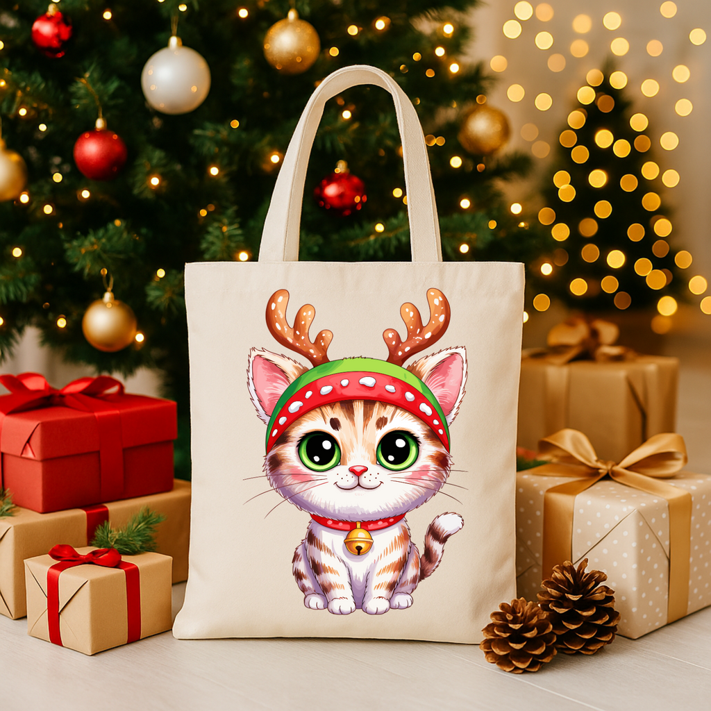 Festive Cat Tote Bag – Cute Christmas Reusable Holiday Canvas