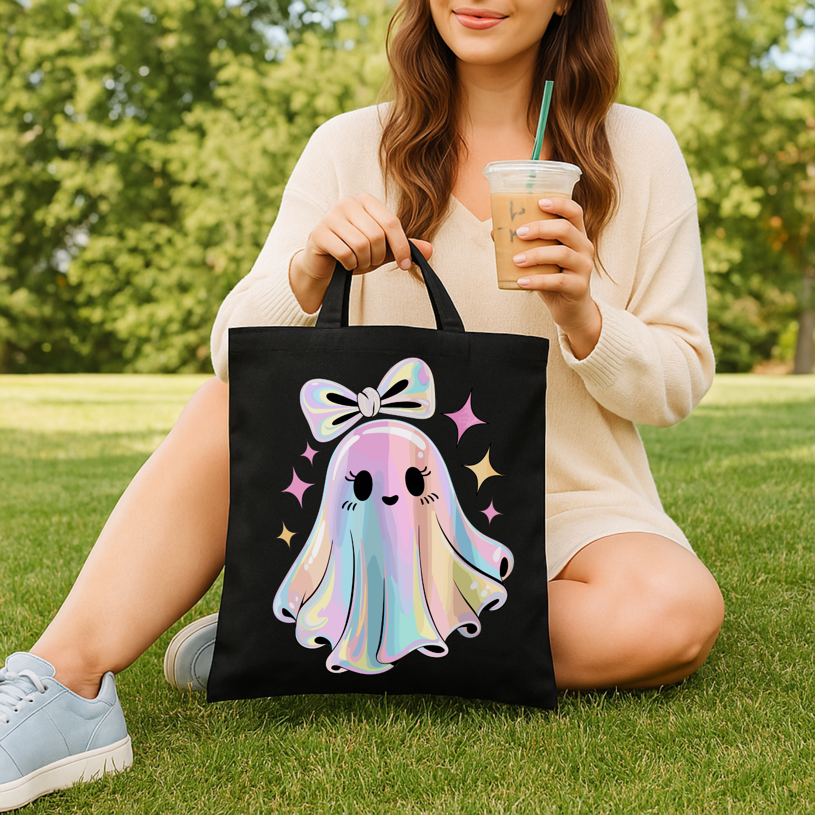 Cute Ghost Tote Bag – Fun Rainbow Halloween Reusable Canvas