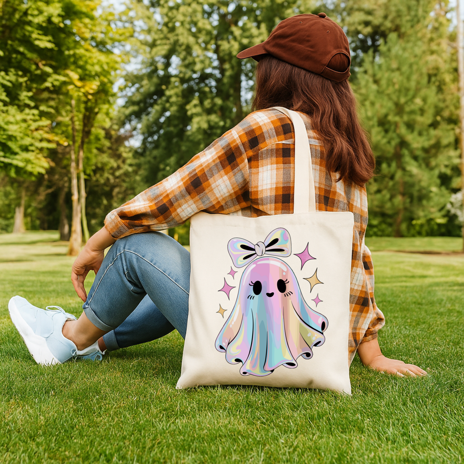 Cute Ghost Tote Bag – Fun Rainbow Halloween Reusable Canvas