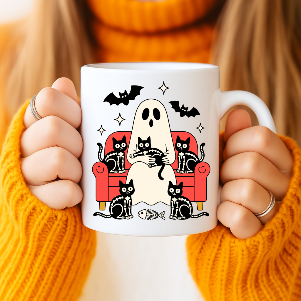 Cozy Cat Vibes Ceramic Mug, Cat Lover Gift, Cute Coffee Cup for Home, Halloween Decor, 11oz or 15oz