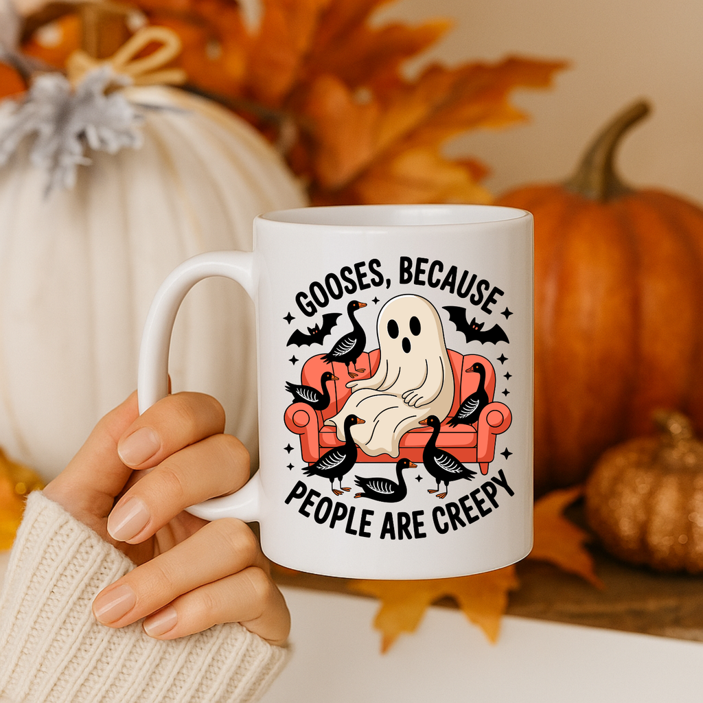 Funny Ghost with Geese Mug – Spooky Cute Halloween Coffee Cup