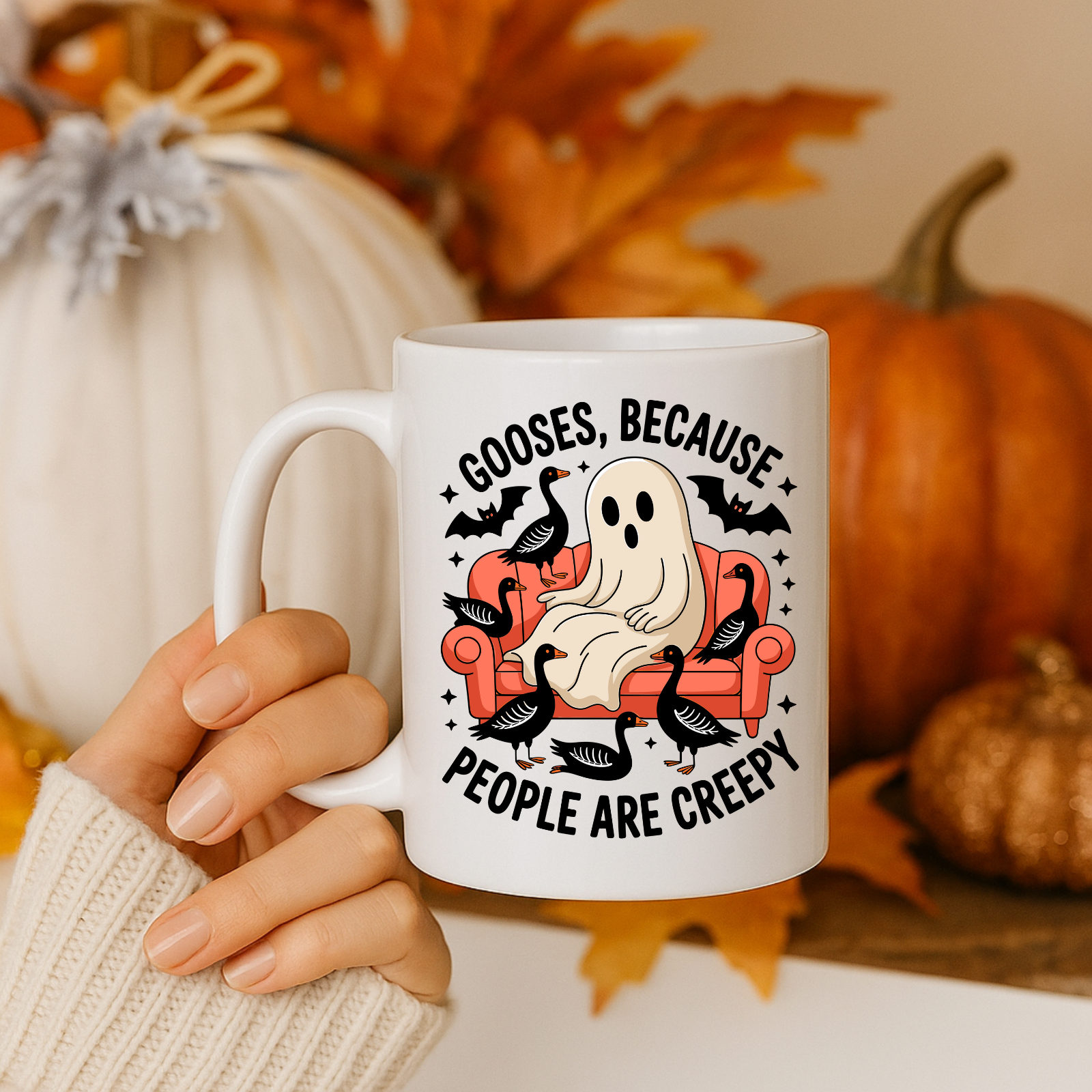 Funny Ghost with Geese Mug – Spooky Cute Halloween Coffee Cup
