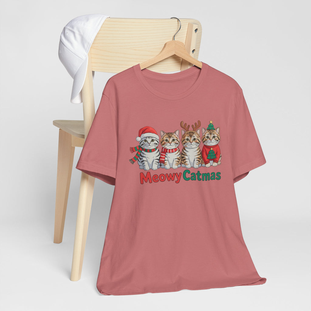 Meowy Catmas Short Sleeve Tee - Festive Cat Christmas T-Shirt