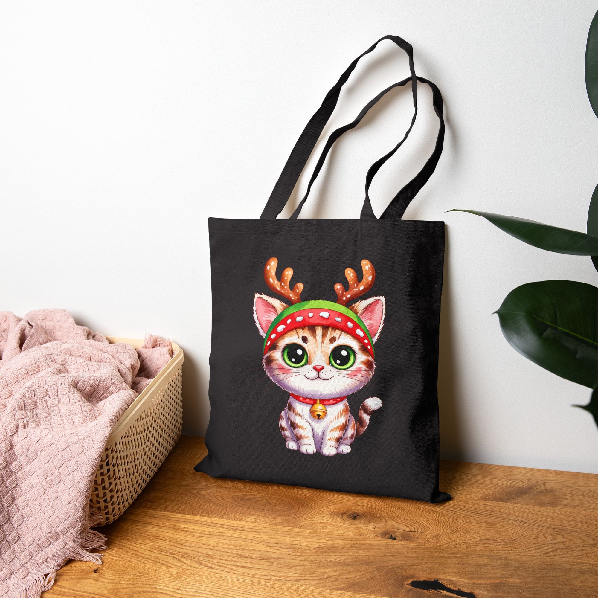 Festive Cat Tote Bag – Cute Christmas Reusable Holiday Canvas