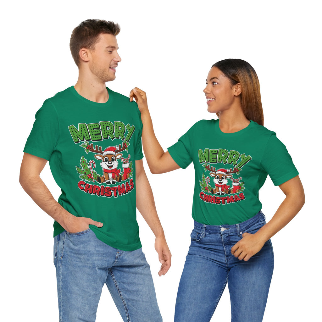 Merry Christmas Reindeer Tee, Festive Holiday Shirt, Unisex Christmas Apparel, Cute Gifts for Him/Her, Holiday Party Outfit