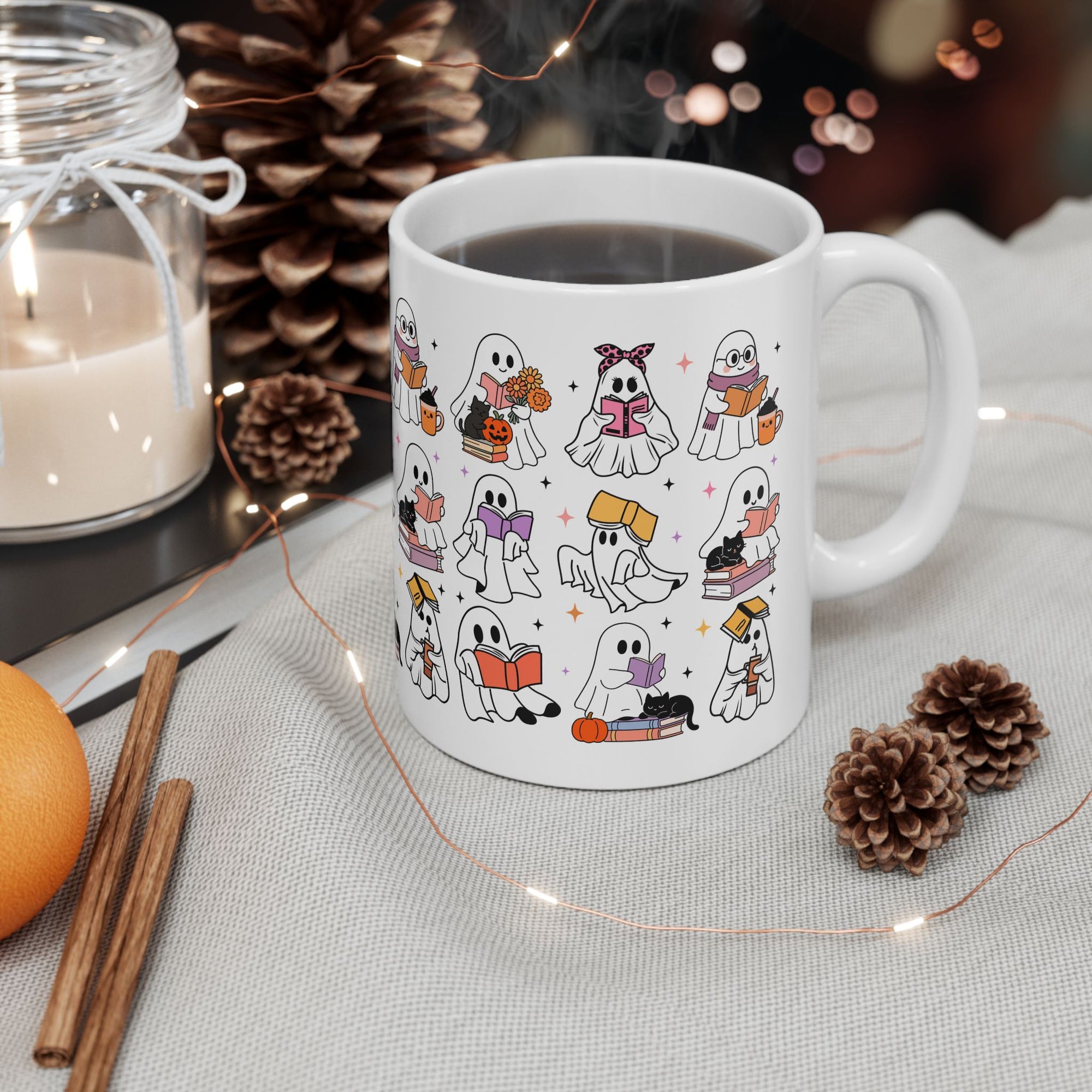 Adorable Ghost-Themed Ceramic Mug for Book Lovers | Halloween Gift, Cozy Home Decor, Cute Coffee Cup, Cat Lover Gift, Reading Mug