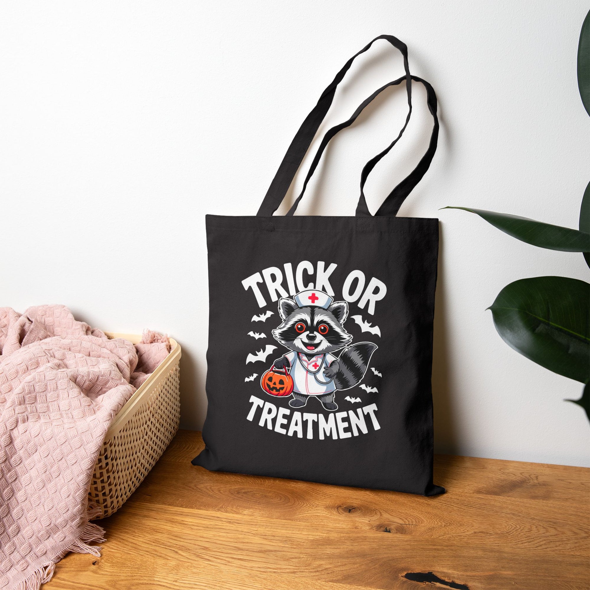 Halloween Tote Bag with Trick or Treatment Raccoon