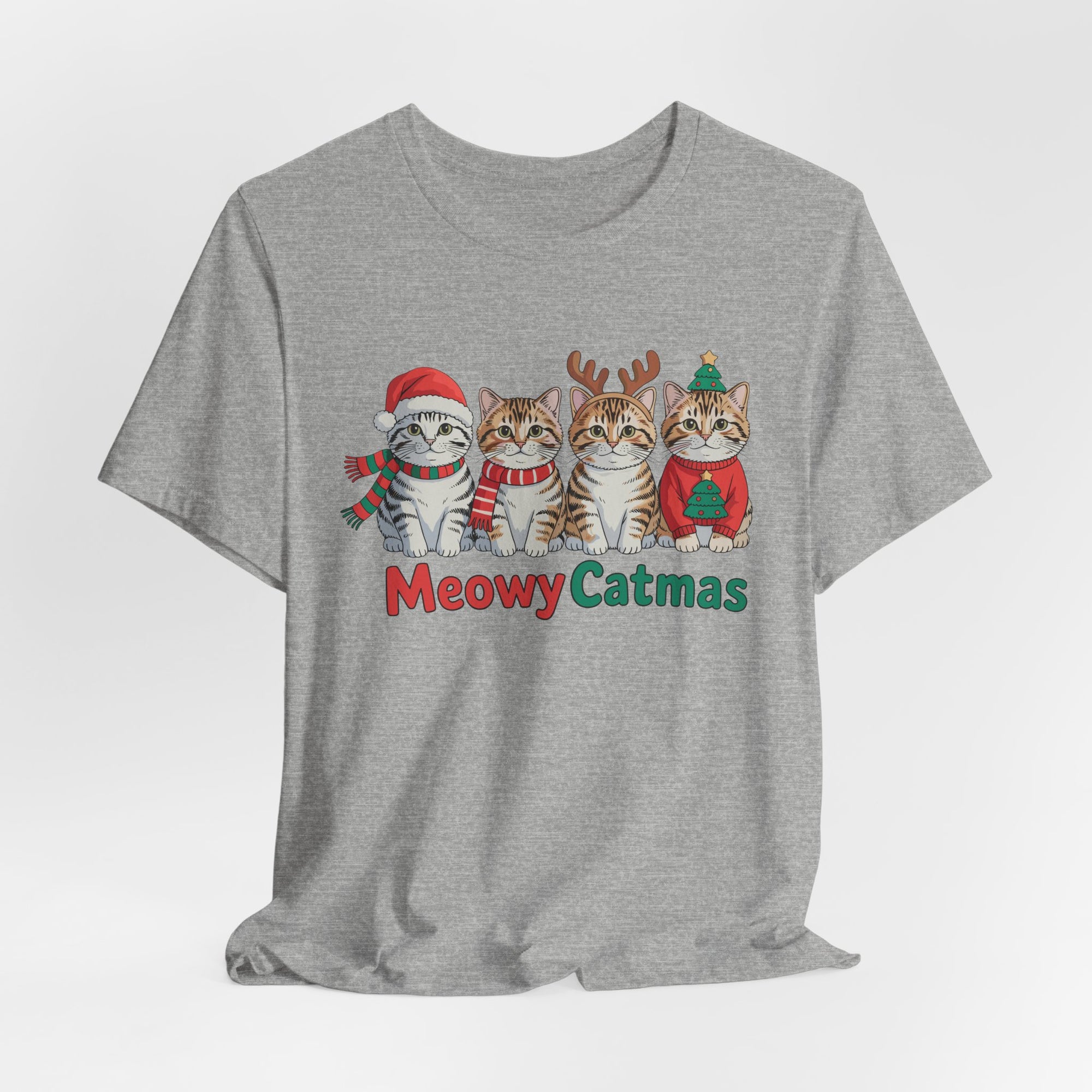 Meowy Catmas Short Sleeve Tee - Festive Cat Christmas T-Shirt